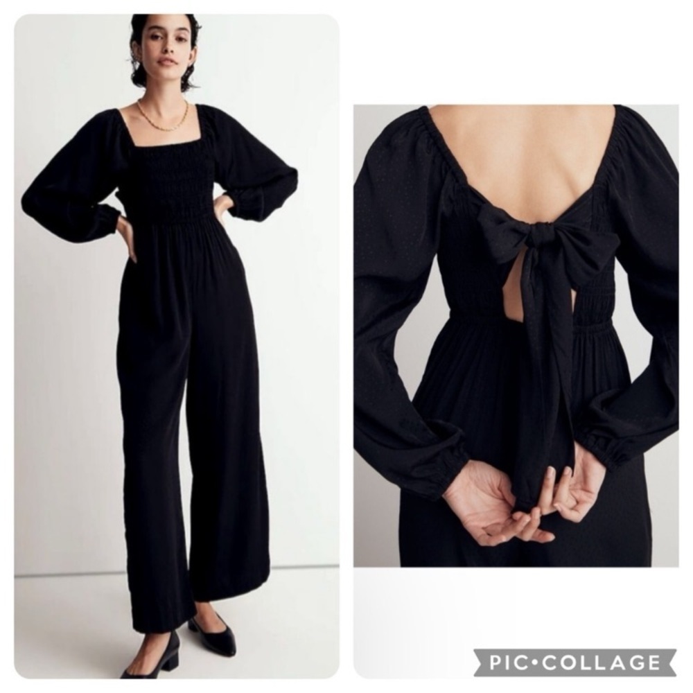 Madewell Lucie Tie-Back Long-Sleeve wide leg Jumpsuit Star Jacquard black size 4